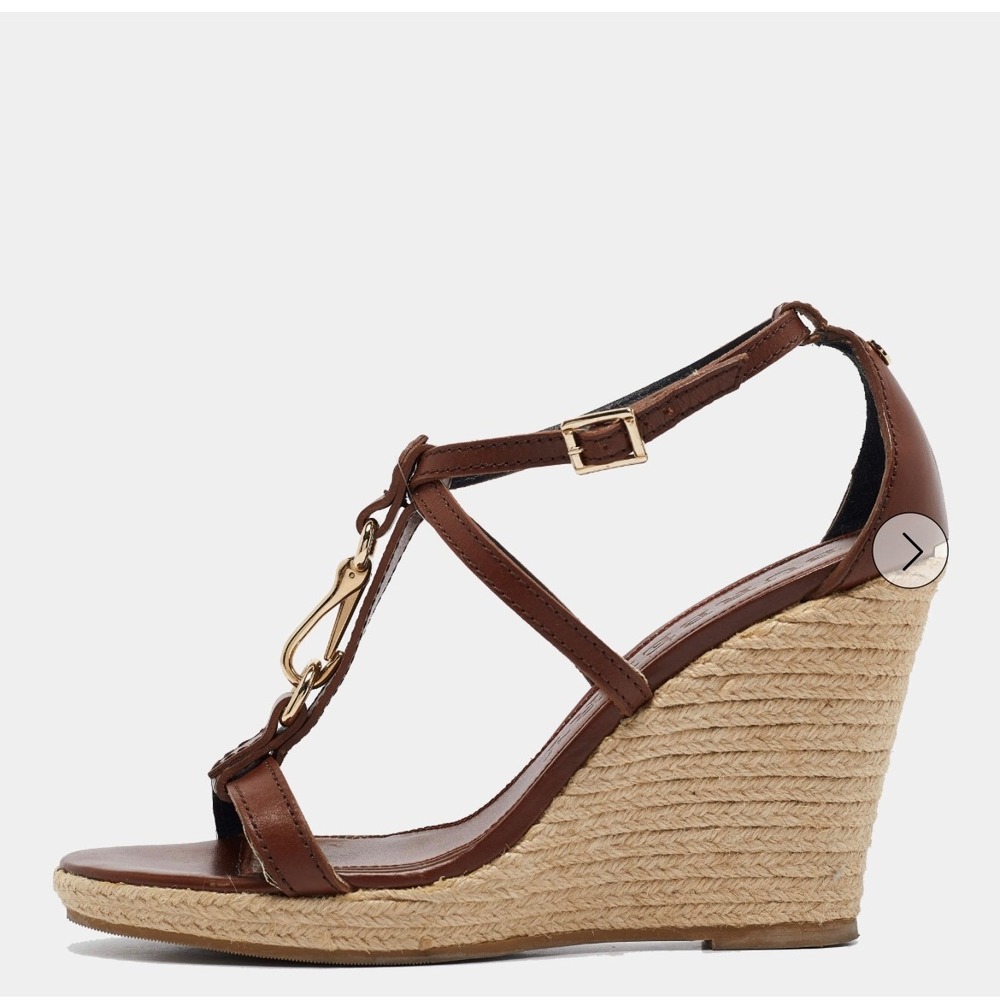 Burberry Brown Leather T-Strap Espadrille Wedge Sandals‎ Size 36